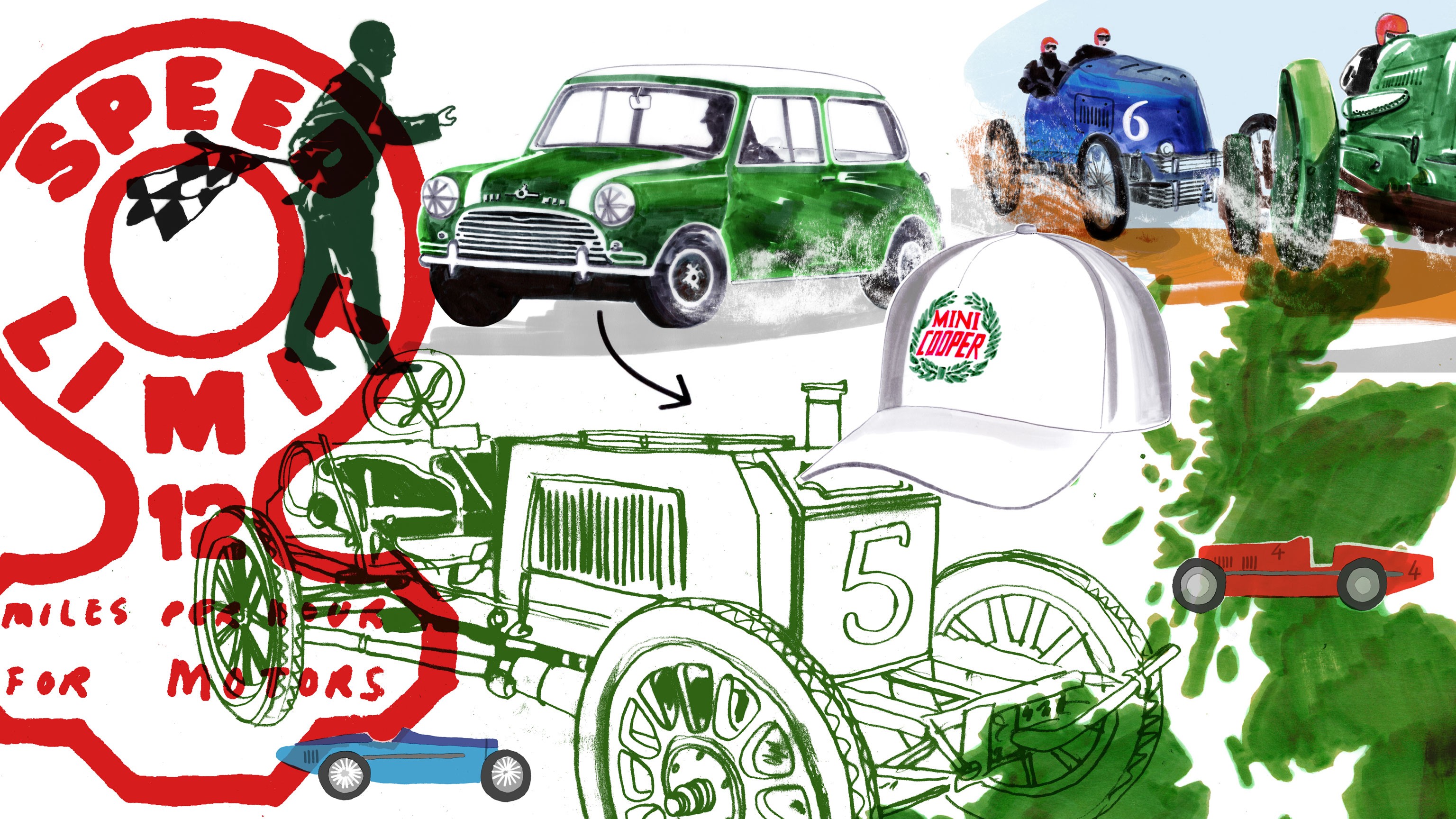 A colorful collage of several illustrations that refer to the texts and drawings that follow. The dominating color is British Racing Green with drawings of a green-white Mini Cooper S and also old historical racing cars. Also a draw of a red-white sign for a speed limit with 12 mph can be seen.